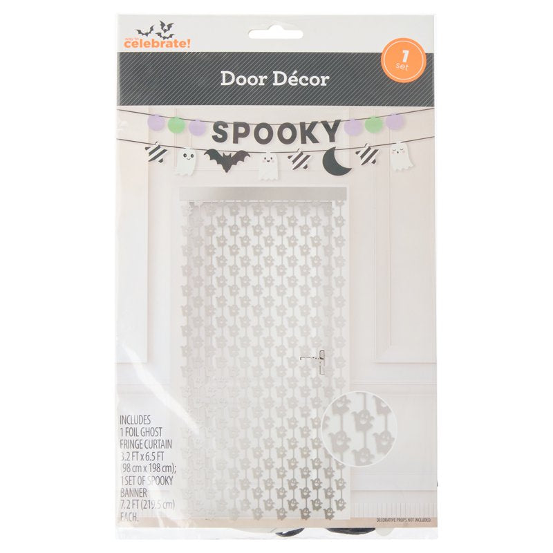 Halloween Door Decoration Set with Fringe Curtain and Spooky Banner - Silver and Black
