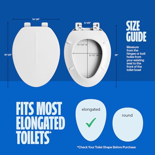 HIGHCRAFT Premium Elongated Toilet Seat with Adjustable Hinges - Molded Plastic Toilet Seat - Fits Standard Elongated Toilets - Oval Seat in White