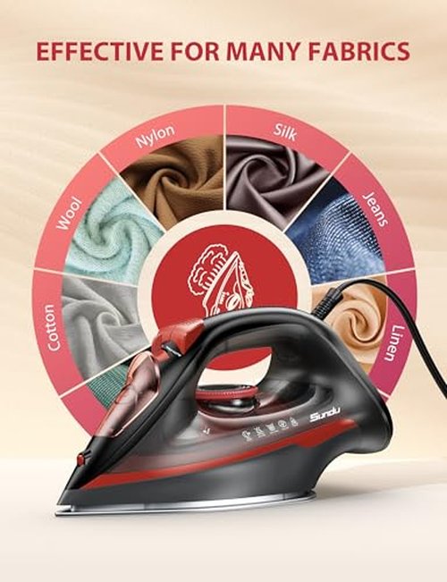 Steam Iron for Clothes, Automatic Shutoff, Light Weight, 1500W Iron with Non-Stick Ceramic Soleplate, 3-Way Auto-Off, Rapid Heating, Self-Cleaning, 15.21oz Water Tank Ironing Clothes for Home
