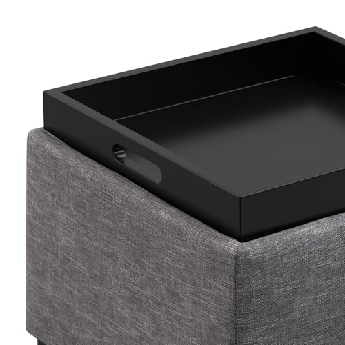 SIMPLIHOME Natasha 18 inch Wide Mid Century Square Mid Century Storage Ottoman with Tray in Slate Grey Polyester Linen, Assembled, For the Living Room, Entryway and Family Room