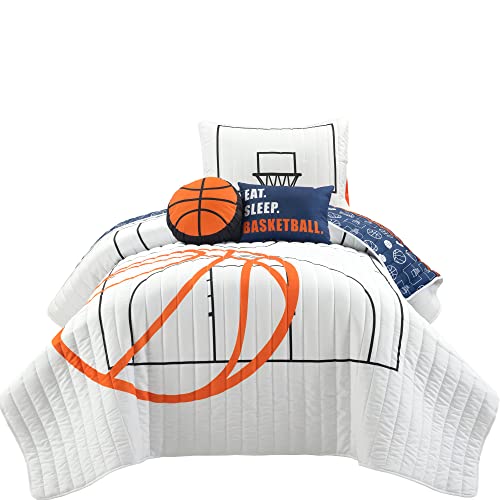 Lush Decor Basketball Game Reversible Quilt Twin Size 4 Piece Set, White & Navy - Kids Bedding Set - Twin Size Quilt - Sports Décor