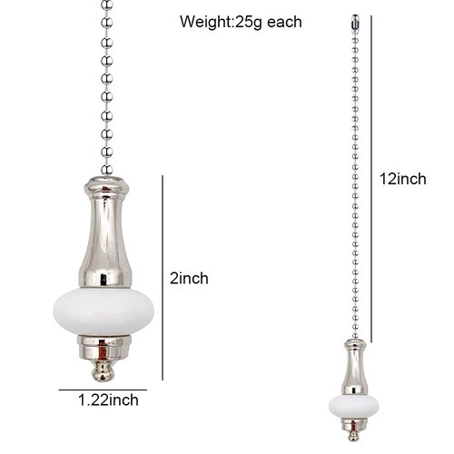 Dotlite Ceramic Ceiling Fan Pull Chain Set, 2pcs White Decorative Pendant Extension, 12 Inches Lighting & Beaded Ball Cord Extender Ornament With Connector