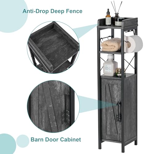 VECELO Small Bathroom Cabinet,Slim Toilet Paper Holders with Magnetic Door&2 Shelves, Narrow Storage Cabinet Organizer for Bathroom Restroom Tiny Space,Fenced Top Farmhouse Style,Coal Grey