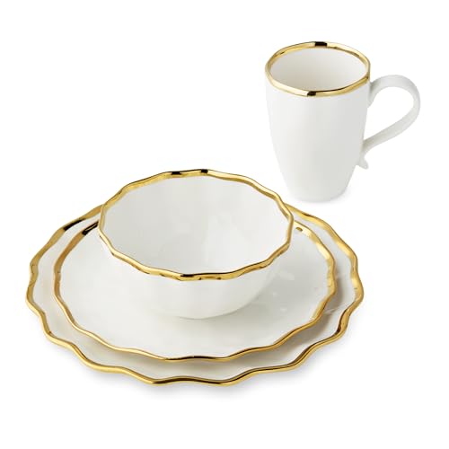 Regency Gold 16-Piece Dinnerware Set – Elegant Gold Rimmed Porcelain Plates, Bowls & Mugs – Service for 4 – Sophisticated Dining Set for Everyday Meals, Holiday Gatherings & Wedding Gifts