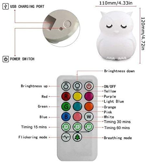 Tekemai Night Light, Bedside Lamp for Children/Kids, Baby Nursery Lamp for Breastfeeding Safe, Break Resistant, Eye Caring, Adjustable Brightness & Color, Touch Control + Remote Control - Medium Owl