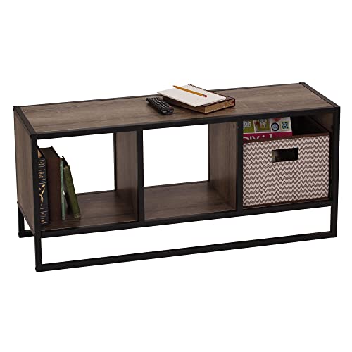 Household Essentials Jamestown TV Stand Coffee Table with Square Cube Storage Compartments Ashwood Rustic Wood Grain and Black Metal