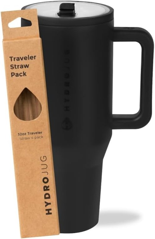 HydroJug Black 32oz Water Bottle - Durable Design with Replacement Straws Included