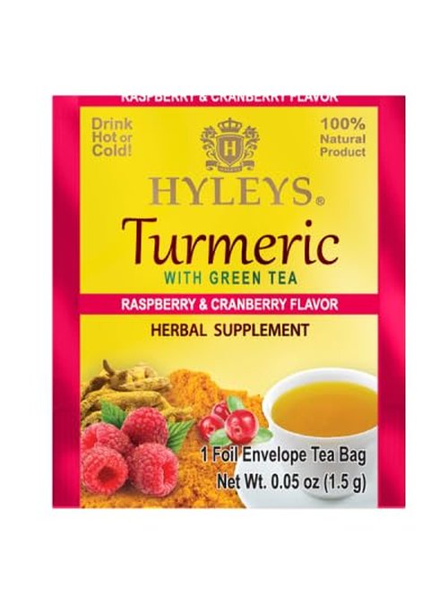 Hyleys Turmeric Green Tea - Green Tea with Turmeric Root - Raspberry & Cranberry Flavors - Herbal Tea Bags - 25 Individually Wrapped Tea Bags (12 Pack - 300 Tea Bags Total)