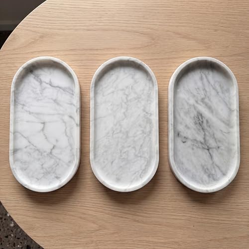 YKAJO 11.6" x 5.9" Oval Real Marble Tray for Bathroom & Kitchen Counter — 100% Natural Stone Decorative Vanity Tray for Dresser & Perfume — Heavy Catchall Organizer for Soap & Jewelry, White Gray