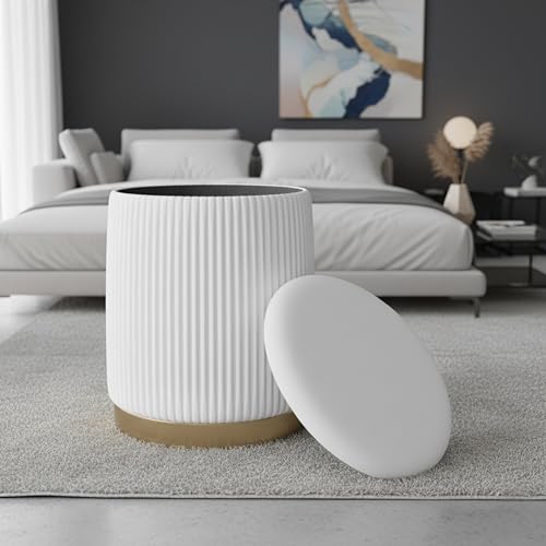 Boahaus Cersei White Velvet Vanity Ottoman with Hidden Storage, Makeup Chair for Vanity Desk, Elegant Foot Rest Stool with Gold Base for Bedroom, Living Room & Dressing Area (Pure White)
