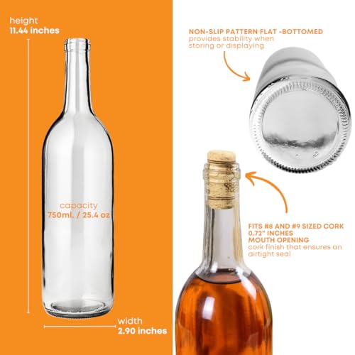 FastRack - 750 ml Clear Glass Bottles Wine Bottles (Pack of 12) | NO CORKS INCLUDED | Clear Bordeaux Flint Flat-Bottomed Cork Top Bottle for Wine Making | Case of 12