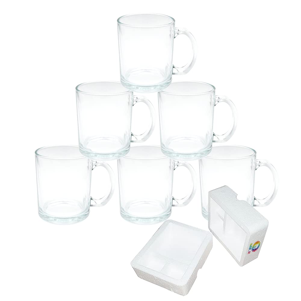 MR.R 11oz Sublimation Blanks Glass Clear Transparent Mug,Coffee Mugs with Handle for Heat Thermal Coating Transfer,Set of 6