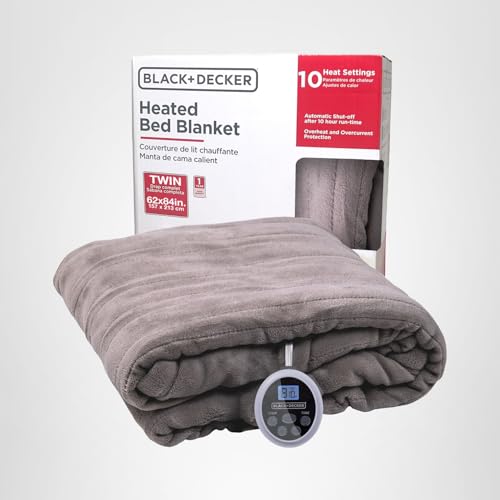 BLACK+DECKER Heated Blanket Electric Twin, Micro Plush Electric Blanket, Heating Blanket with 10 Heating Levels, 10H Timer, Auto Shutoff, Fast Heating (84x90 inches, Grey)