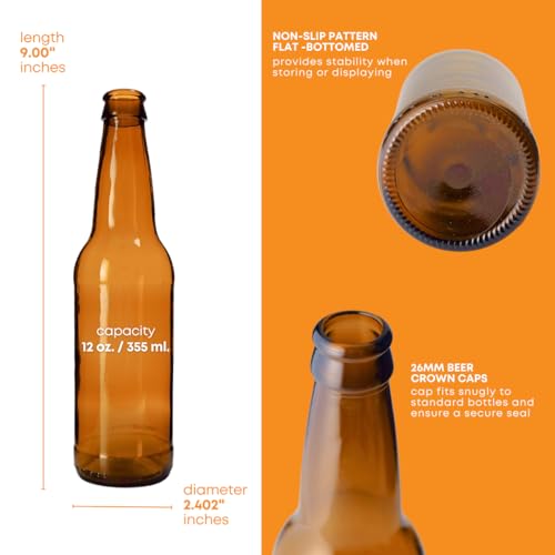 FastRack Amber Beer Bottles 12oz (Pack of 96) | Longneck Glass Beer Bottles with Pry-off Crown Finish for Home Brewing Mead, Cider & Kombucha | Durable Brewing Bottle & Bottling Kit