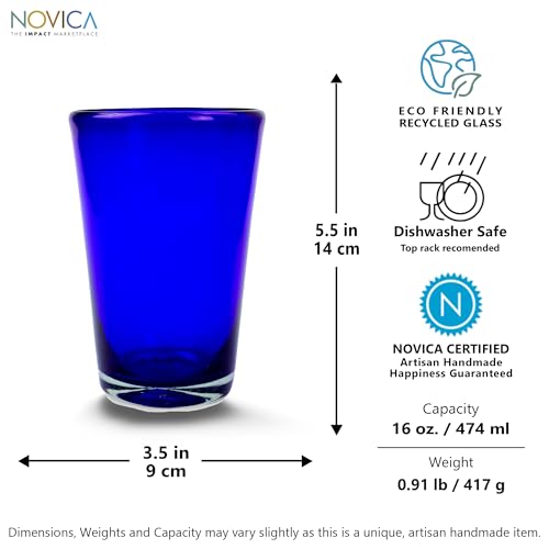 NOVICA Handmade Drinking Glasses Handblown Recycled Blue Tumbler Drinkware Set of 6 from Mexico 'Cobalt Angles'