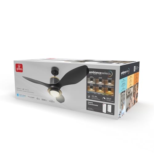 GLOBE Electric 27106 48" Ceiling Fan with LED Light, Remote Control, WhisperQuiet DC Motor, 6 Speeds, Black with Brass Accents, Reversable Airflow, Ceiling Fans with Lights, Ceiling Lighting