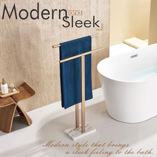 KOKOSIRI Standing Towel Rack for Bathroom Floor 2-Tier Towel Holder Free Stand with Heavy Marble Base Thicken Steady Champagne Bronze Stainless Steel THS0005-CPG