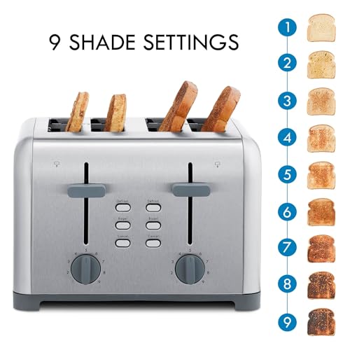 Kenmore Toaster 4 Slice - Extra Wide Slot Countertop Kitchen Appliance, Defrost Function, Grille-Pain, 9 Shade Settings, Compact Design, Easy Clean Crumb Tray, Bread Bagel, Stainless Steel