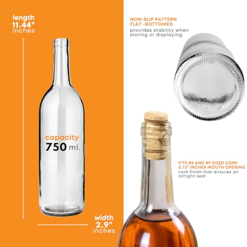FastRack - 750 ml Clear Glass Wine Bottles (Pack of 36) | W5 Claret/Bordeaux Bottles | Flint Flat-Bottomed Cork Top for Wine Making | 3 Cases of 12 - NO CORKS INCLUDED