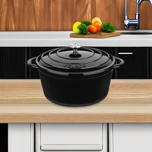 Velaze 7.5 QT Dutch Oven - Enameled Cast Iron Cookware with Dual Handles for Sourdough Baking | Black