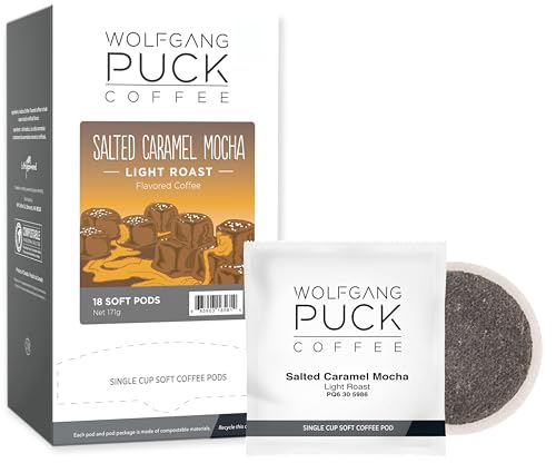 Wolfgang Puck Coffee, Salted Caramel Mocha, 9.5 Gram Soft Pods, 18 Count (Pack of 6)