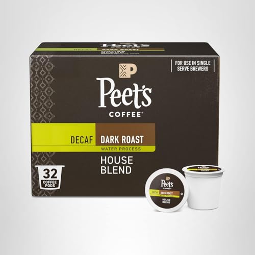 Peet's Coffee, Dark Roast Decaf Single Serve Coffee Pods, 100% Arabica Coffee - Decaf House Blend 32 Count (1 Box of 32 Pods)
