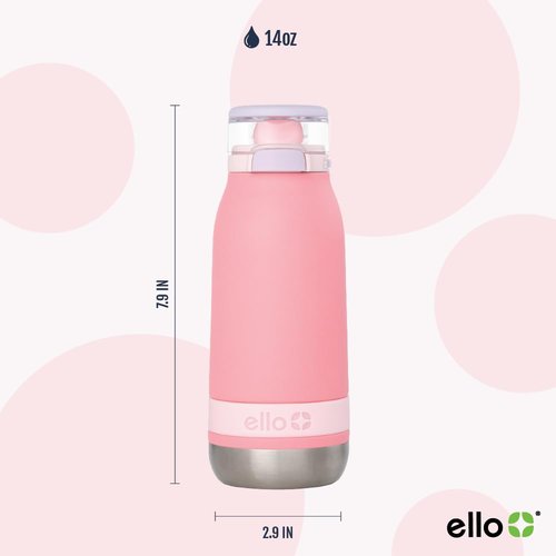Ello Emma 14oz Vacuum Insulated Stainless Steel Kids Water Bottle with Straw and Built-in Carrying Handle and Leak-Proof Locking Lid for School Backpack, Lunchbox and Outdoor Sports, Sweetheart