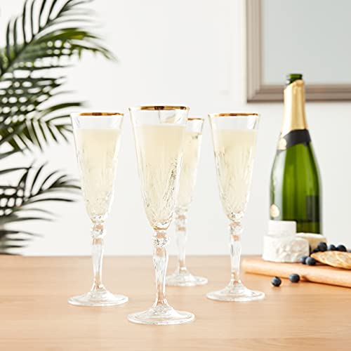 Lorren Home Trends Siena Collection Crystal Flute Glass with Gold Band Design, Set of 4