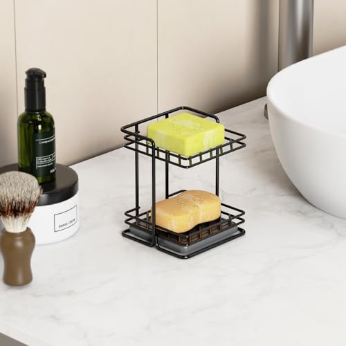 NiHome 2-Tier Soap Holder with Diatomite Mat, Rustproof Metal Shower Organizer for Bar Soap, Shampoo Bars, Sponges, Skincare, Fast-Drainage Open Slot Rack for Bathroom and Kitchen Countertops