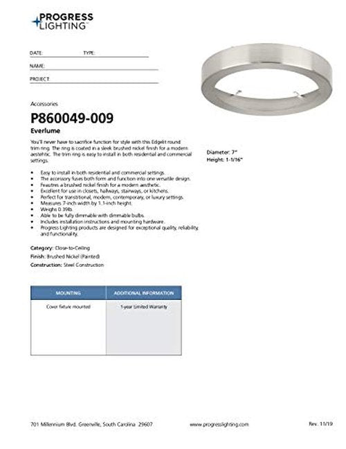 Progress Lighting 7" Edgelit Round Trim Ring Light, Everlume Collection, Indoor, P860049-009, Brushed Nickel