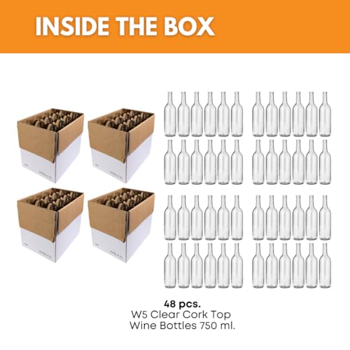 FastRack - 750ml Clear Bordeaux Wine Bottles (Pack of 48) | W5 Clear/Flint Flat-Bottomed Cork Top Liquor Bottles | 750 ml Glass Bottle for Wine Making | 4 Cases of 12 - NO CORKS INCLUDED