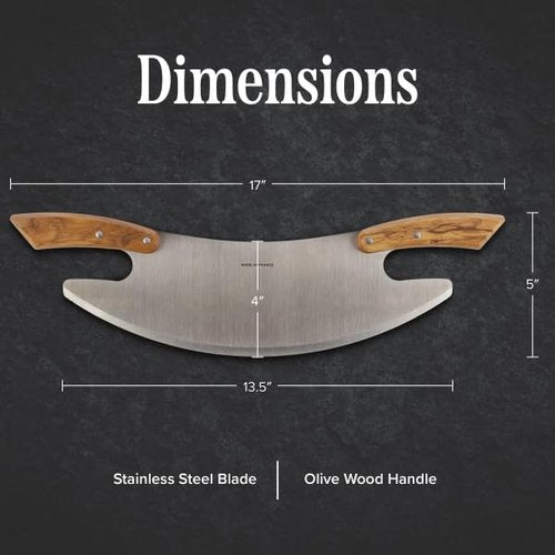 17” Pizza Cutter Rocker Blade - Stainless Steel Slicer with Double Olivewood Handles for Easy Cutting - Large Mezzaluna Chopper - Pizza Oven Accessories by Classic Cuisine