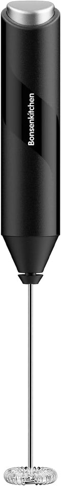 Bonsenkitchen Milk Frother - Powerful Handheld Drink Mixer with Stainless Steel Whisk | Battery Operated - Black
