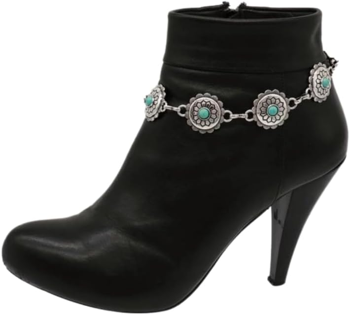 TrendyFashionJewelry Women's Western Boot Bracelet - Silver Chain Anklet with Turquoise Beads & Flower Charms
