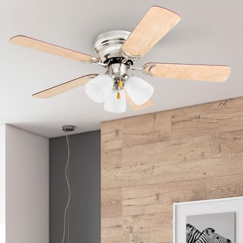Prominence Home Whitley, 42 Inch Traditional Flush Mount Indoor LED Ceiling Fan with Light, Pull Chain, 5 Dual Finish Blades, Reversible Motor - 50863-01 (Satin Nickel), Bright Brass