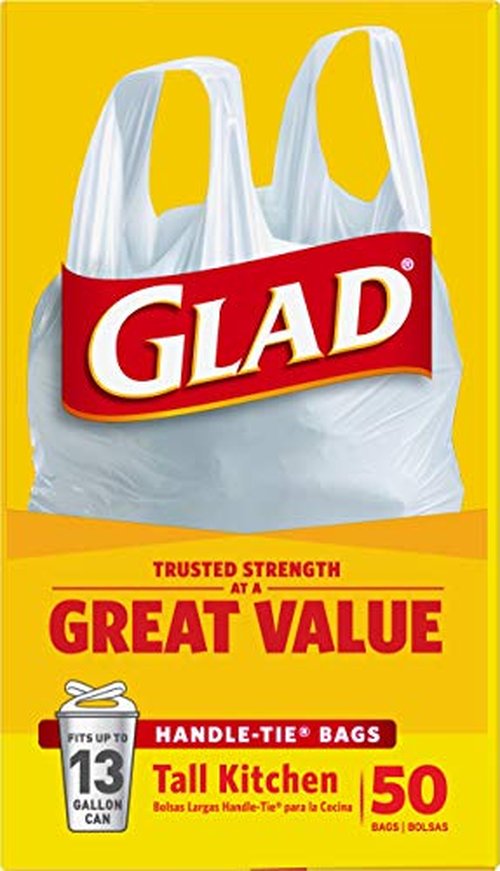 Glad Tall Kitchen Trash Bags 13 Gallon, Unscented Garbage Bags, Handle-Tie, 50 Count