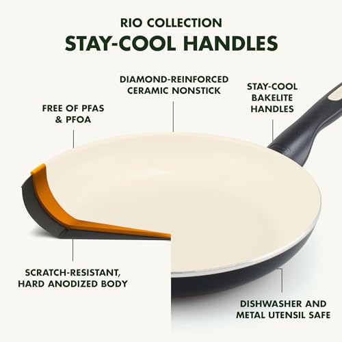 GreenPan Rio Healthy Ceramic Nonstick 8" Frying Pan Skillet and Silicone Spatula Set, Soft Grip Handle, Breaktfast Meal Set, PFAS-Free, Dishwasher Safe, Oven Safe, Black