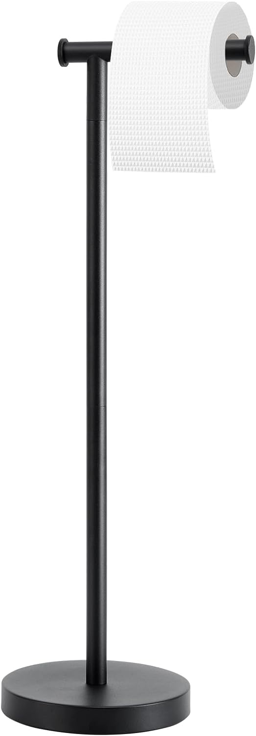 Skiennix Toilet Paper Holder - Free Standing Design with Stable Weighted Base | Rustproof Black Finish