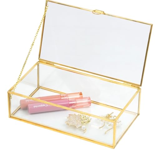 ZEXALOR Clear Glass Decorative Box for Organizing Photos, Jewelry, Small Items - Golden Dresser Drawer Organizer, Transparant Small Storage Bin Container with Lid (Upgrade, 8x4,3x2,3")