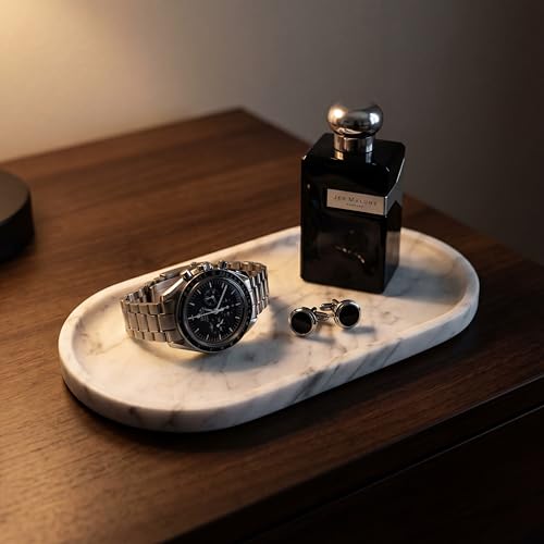 YKAJO 11.6" x 5.9" Oval Real Marble Tray for Bathroom & Kitchen Counter — 100% Natural Stone Decorative Vanity Tray for Dresser & Perfume — Heavy Catchall Organizer for Soap & Jewelry, White Gray