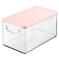 mDesign Deep Plastic Bathroom Storage Bin Box, Lid/Built-in Handles, Organization for Makeup, Hair Styling Tools, Toiletry Accessories in Cabinet, Shelves, Ligne Collection, 2 Pack, Clear/Pink