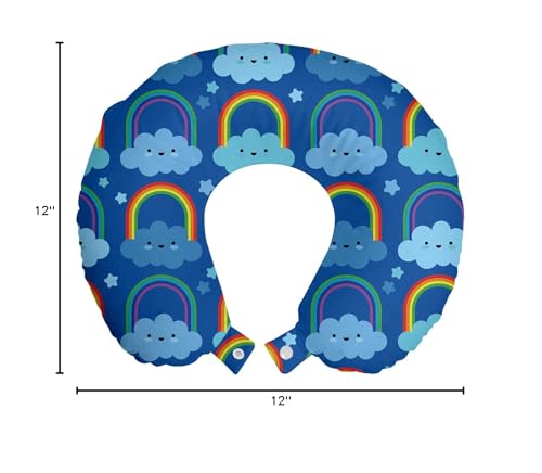 Ambesonne Cartoon Travel Pillow Neck Rest, Rainbow Clouds Along Stars Dreaming Sleeping Shower Night Time, Memory Foam Traveling Accessory for Airplane and Car, 12", Cobalt Blue