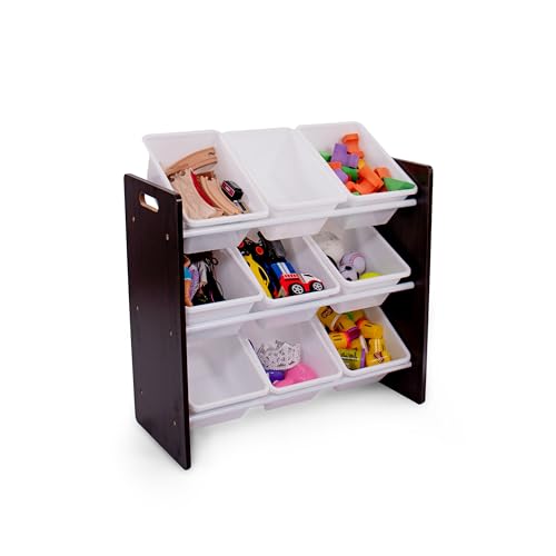 Humble Crew 9-Bin Toy Organizer – Journey Natural Espresso with White Plastic Bins, 3-Tier Storage Solution for Kids' Playrooms and Nurseries