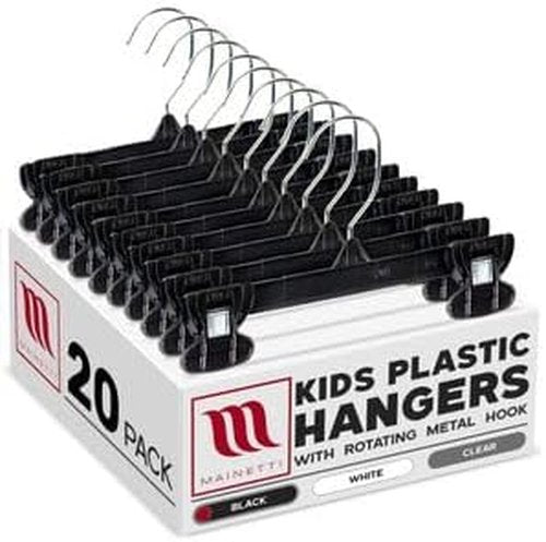 Mainetti Black Plastic Children's Hangers - 20 Pack with Rotating Metal Hooks & Non-Slip Clips | 8 Inch