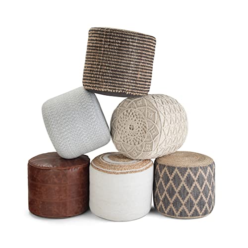 SIMPLIHOME Edgeley Round Pouf - 18 inch Wide Handwoven Jute and Cotton Ottoman in Grey and Natural, Boho-Style Footstool or Extra Seating for Living Room, Bedroom, or Kids Room, Assembled