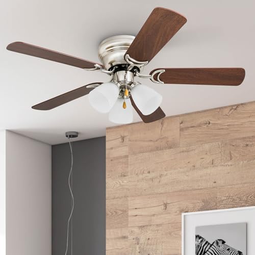 Prominence Home Whitley, 42 Inch Traditional Flush Mount Indoor LED Ceiling Fan with Light, Pull Chain, 5 Dual Finish Blades, Reversible Motor - 50863-01 (Satin Nickel), Bright Brass