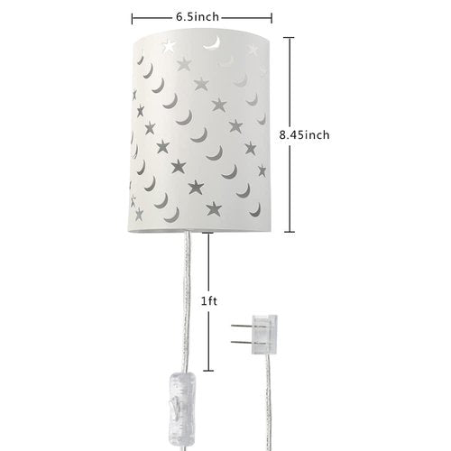 Plug In Wall Sconce Stars and Moons Kids Wall Lamp, Nursery Baby Room Wall Light with 6FT Plug in Cord On/Off Switch, Ideal for Kids Rooms, Bedroom and Play Rooms, E26 Base, White(Exclude Bulb)
