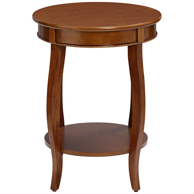 Walnut End Table with Round Top and Shelf Storage