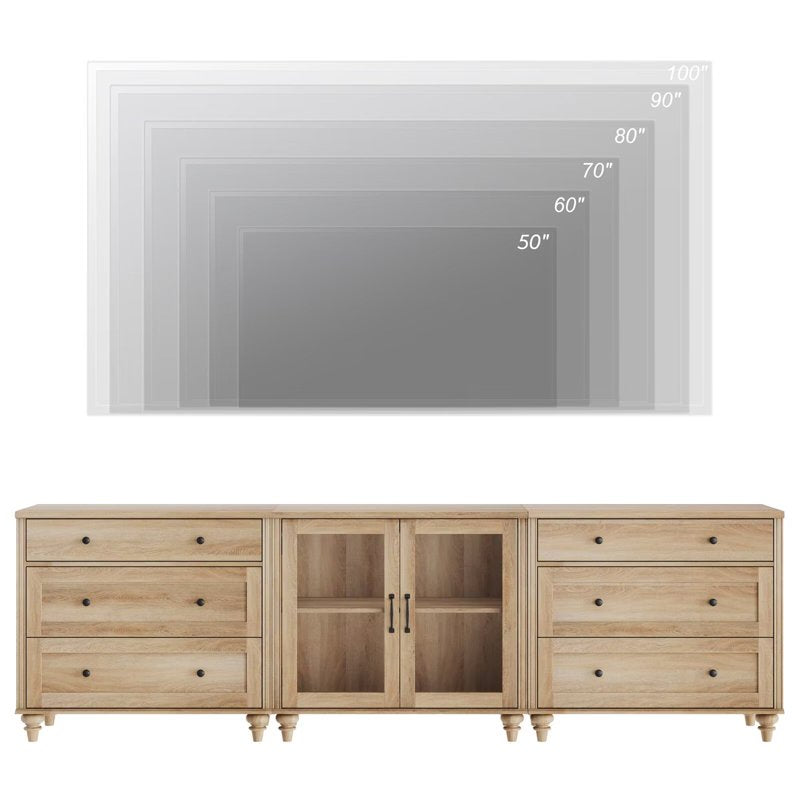 3-in-1 TV Stand for 75-90 Inch TVs - Oak Entertainment Center with Drawer & Glass Door
