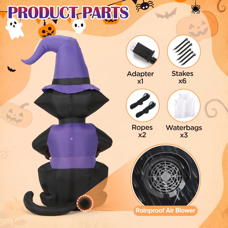 Inflatable Halloween Black Cat with Glowing Jack-o'-Lantern & Witch Hat, 6ft Outdoor Decor